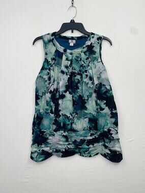 Worthington Blouse Womens Large Green Floral Pleated Sleeveless Chiffon Top